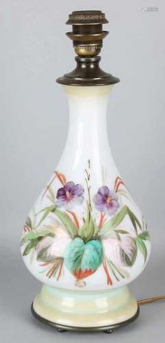 Antique opaline glass hand-painted (floral) table lamp. First half of 20th century. Size: 42 x 16 cm