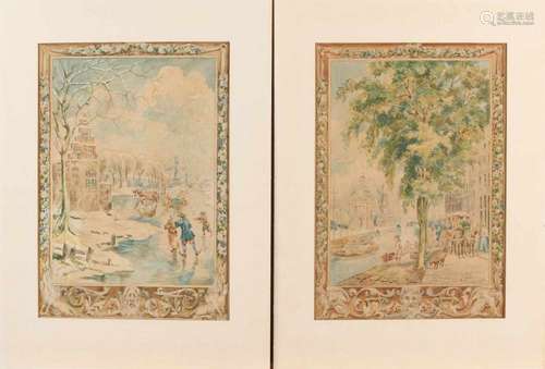 Two 18th century watercolors. Dutch School. Ice fun once with skaters. Once cityscape with canal,