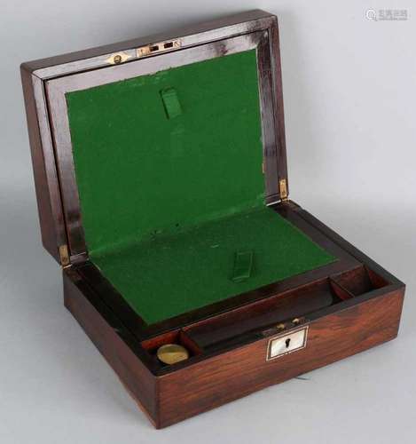 19th Century English Rosewood wooden writing case with mother-of-pearl, writing-sheet + ink-pot.