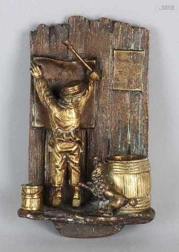 Antique French bronze. Circa 1900. Boy carpents proclamation on fence. Partly gilded. Size: H 16 cm.