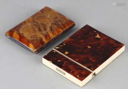 Two antique turtle business card holders. Circa 1900 - 1920. Size: 9.5 - 10.5 cm. In good condition.