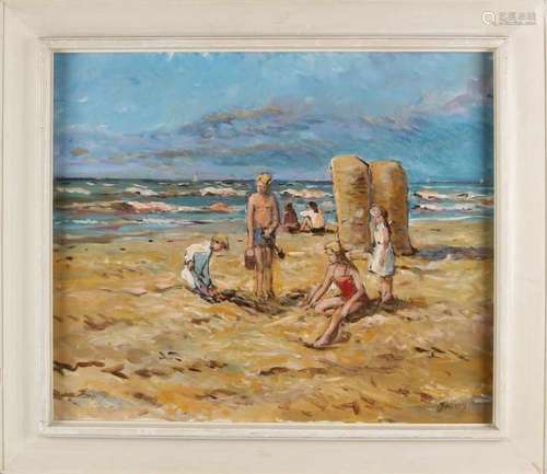 J. de Koning. Beach face with figures. Oil paint on linen. Size: 50 x 60 cm. In good condition. J.