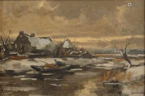 Rosemeier. Wintry landscape with fisherman. Oil paint on panel. Size: 16 x 24 cm. In good condition.