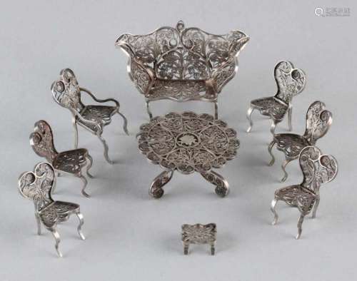Silver miniatures seating, BWG, made from filigree with a couch, a table, 6 chairs and a