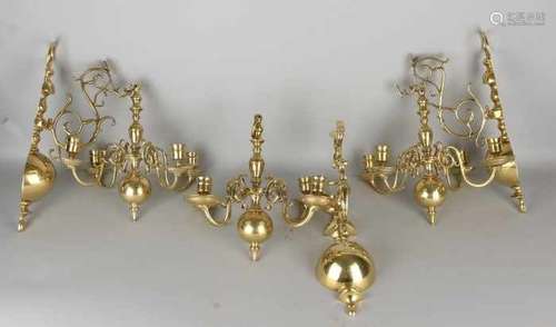 Four antique Dutch brass Baroque-style wall candle candlesticks. Four-light. Size: 48 x 36 x 28