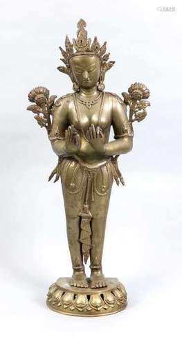 Large old oriental bronze buddha on lotus flower. 20th century. Size: 79 cm. In good condition.