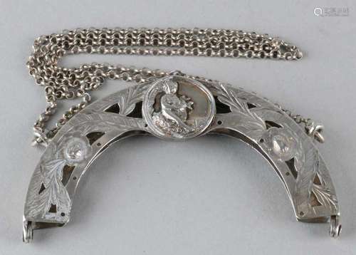 Silver purse bracket with chain, 833/000, half round bracket with floral pattern em cartouche with