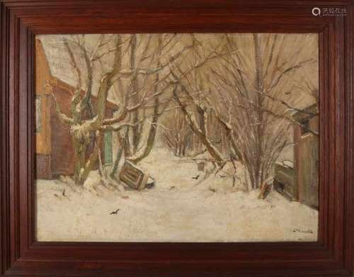 JPC van Os. 1869 - 1944. Snowy landscape with farmers barns. Oil paint on linen. Size: 50 x 70 cm.