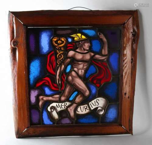 Antique stained glass window with Mercury. Size: 50 x 50 cm. In good condition. Antikes