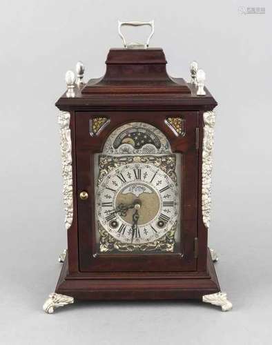 Mahogany Wuba table clock with moon stand and plated bronze ornaments. Second half of the 20th