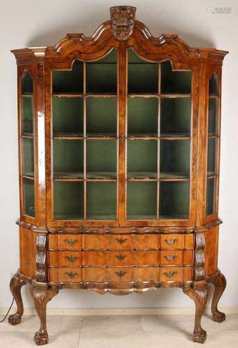 Beautiful Dutch walnut organ-curved porcelain display cabinet. Recently shellac polished. Size: