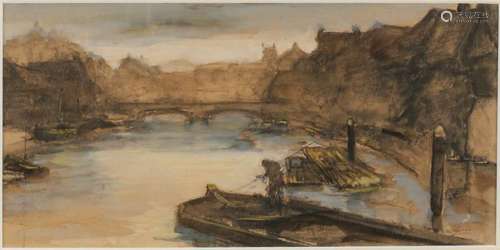 Cor Noltee. 1903 - 1967. River view the Seine in Paris with figure on boat. Watercolor on paper.