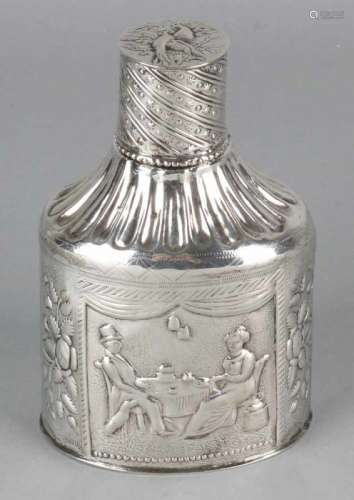 Antique silver tea caddy with passionate floral images and tea-drinking gentleman and lady. Lid with