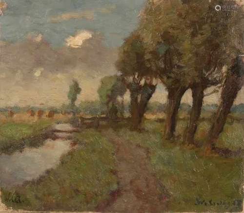 Wetering de Rooy. 1877 - 1972. Pollard willows along a stream. Oil paint on linen. Size: 26 x 30 cm.