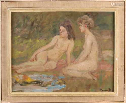 Unclear signed. 20th century. Two naked ladies. Oil paint on panel. Size: 50 x 40 cm. In good