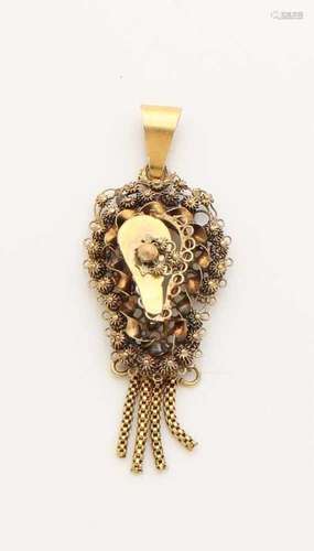 Yellow gold regional pendant, 585/000, pear shaped model with filigree and buttons, some are