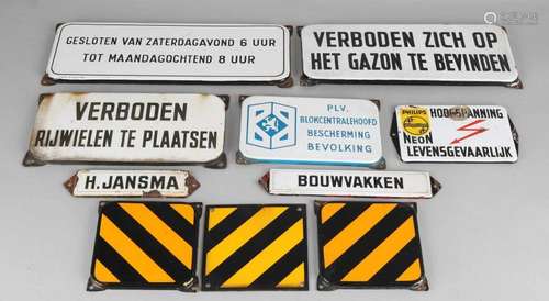 Ten old various enamel signs. 20th century. Size: approximately 10 - 35 cm. In reasonable / good