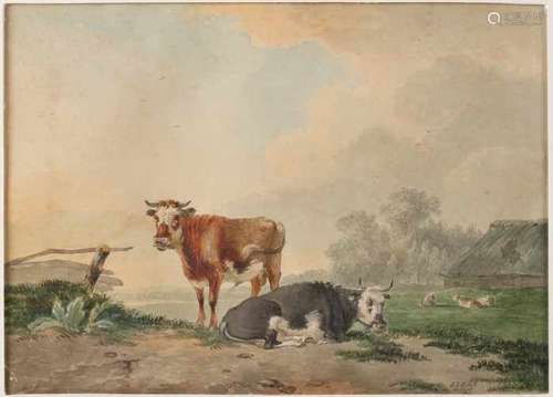 Monogram JPK de J. 1856. Dutch school. Landscape with cows. Watercolor on paper. Size: 17 x 24 cm.