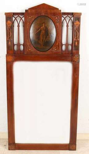 Antique Louis Seize mirror with oval painting on metal and intarsia. Circa 1800. Damaged, but pieces