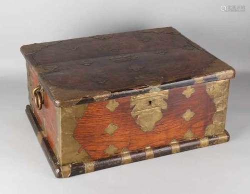 Oriental wooden document box with copper fittings. 20th century. Size: 26 x 43 x 56 cm. In good