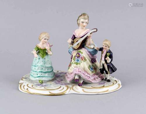 Old German Volkstedt porcelain figures group with gold decor. Music lesson. Size: 14 x 19 x 12 cm.