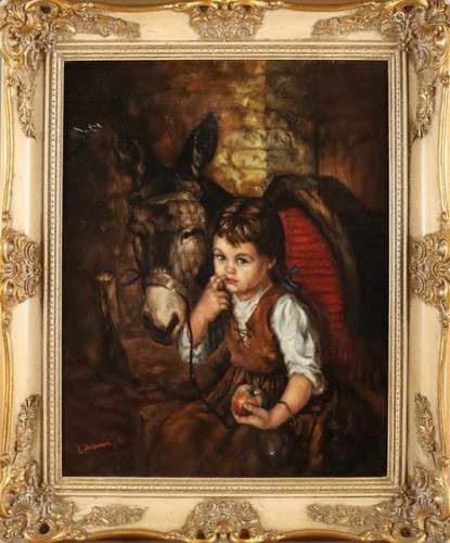 L. Alleman. Girl with donkey. Oil paint on linen. Size: 40 x 50 cm. In good condition. L. Alleman.