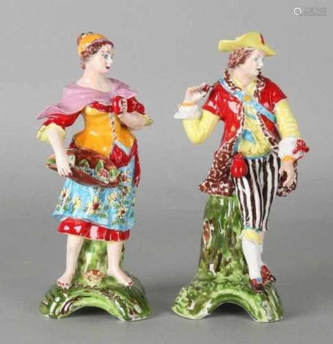 Two old German Sitzendorf porcelain figures. Hand painted 'A.H'. In Art Nouveau colors. 20th