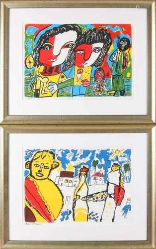 Two lithographs. M. Houtman, Naive figurative performance + Joan Dinsbach. Lithographs on paper.