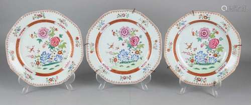 Three times 18th century Chinese porcelain Family Rose plates with enamel garden decors and gold