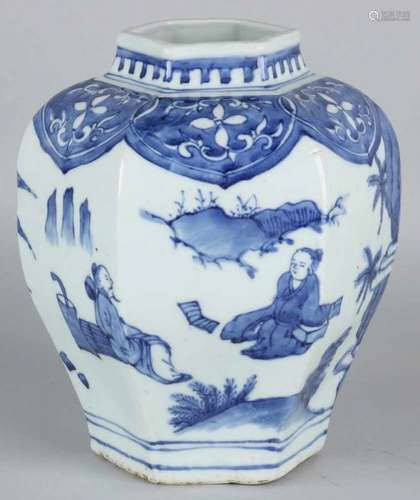 Old Chinese porcelain six-sided vase with figures, rocks and floral decors. Size: 19.5 x 14 x 16 cm.