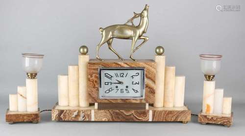 Large French onyx with marble Art Deco clock set with deer. Circa 1930. Chip. Eight-day movement,