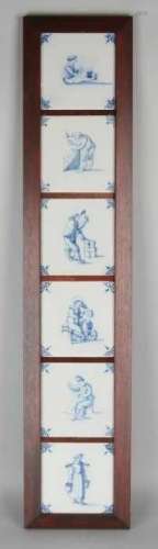 Six old Delft tiles in list. Old crafts show. 20th century. Size: 87 x 18 cm. In good condition.