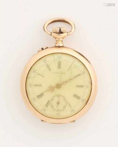 Golden pocket watch, 585/000, Longines Grand Prix Paris 1900, with metal dust cover. Equipped with