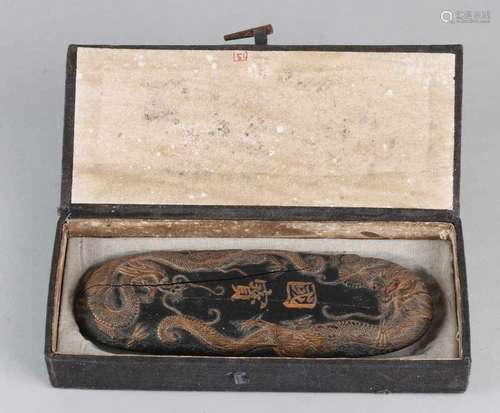 Ancient Chinese crafted inkstone with gold dragons decor and symbols. Crimp seam. Size: 20 x 7 x 2