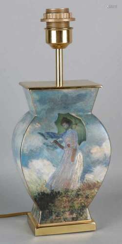 Old brass lamp base with Claude Monet decor. Woman with parasol. Second half of the 20th century.