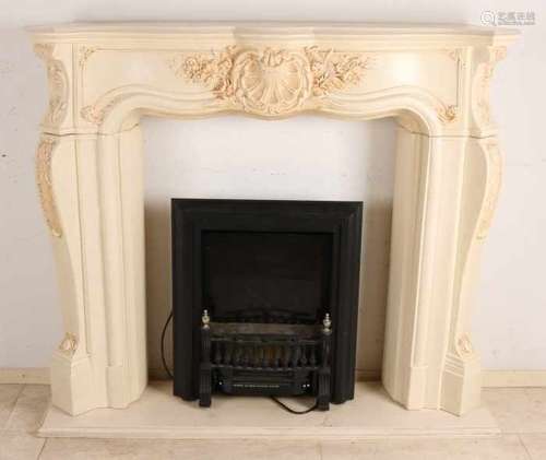 Creme-colored plaster chimney with electric fireplace. Second half of the 20th century. Size: 120