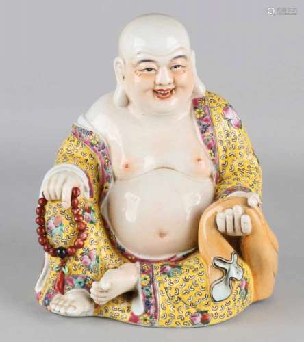 Old Chinese porcelain laughing buddha with floor mark, Family Rose with imperial yellow. Size: 22.