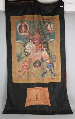 Two antique Tibetan Tangka's. Hand worked on silk. One with tear outside painting. Size: 114 x 76 cm