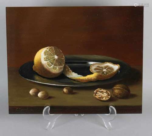 C. Cornelisz. 21st century. Still life with lemon, tin, berries and walnut. Oil paint on panel.