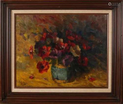 H. Endlich (Jan Knikker). 1889 - 1957. Flower still life with celadon ginger jar. Oil paint on