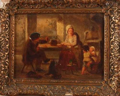 Unsigned. Circa 1900. 17th - 18th Century interior with figures. Oil paint on linen. Size: 25 x 18.5