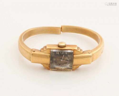 Yellow gold ladies watch, 750/000, with a square case and a fine flexible clamp with 2 hinges.