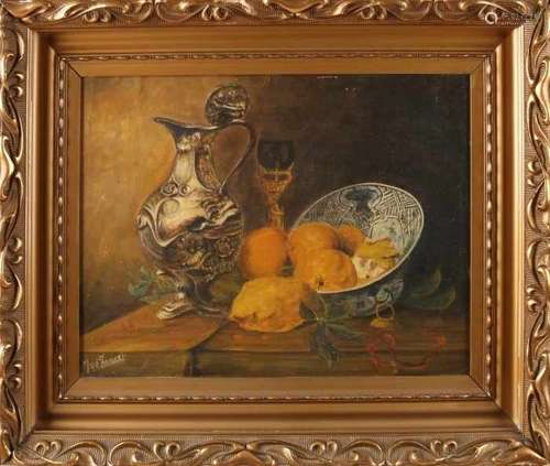 J. van de Zwaart. Still life with fruit etc. Circa 1920. Oil paint on linen. Size: 45 x 33 cm. In