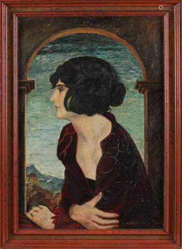 v. Rechenberg-Fluck. German School. Circa 1915. Jugendstil ladies portrait at window. Oil paint on