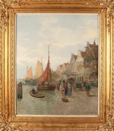 Karl Wagner (Carl). 1839-1923. German school. Dutch harbor view with boats and figures. Oil paint on