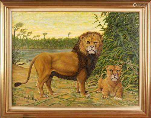 P.WJ. v / d Broek. Lions couple in landscape. Oil paint on linen. Size: 60 x 80 cm. In good