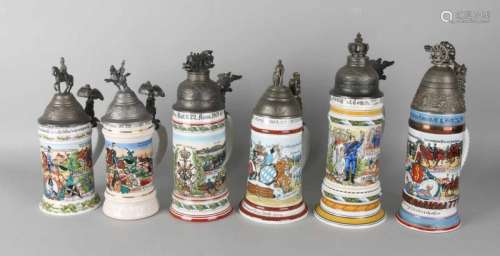 Six old German porcelain reservists beer mugs with tin lids. Size: 26 - 31 cm. In good condition.
