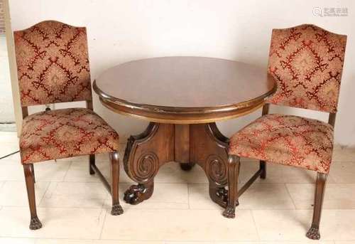 Two antique historicism lobster tables with claw feet, one walnut and one oak.  Circa 1890. Plus two