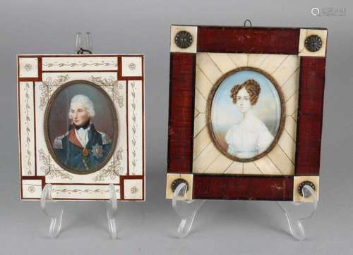 Two antique miniature portraits. Once 19th century with ladies portrait on ivory, signed