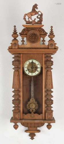 Antique German Kienzle oak wood regulator with lion head, horse crown and half columns. Circa